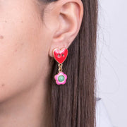 Orecchini in Metallo con cuore rosso e fiore rosa