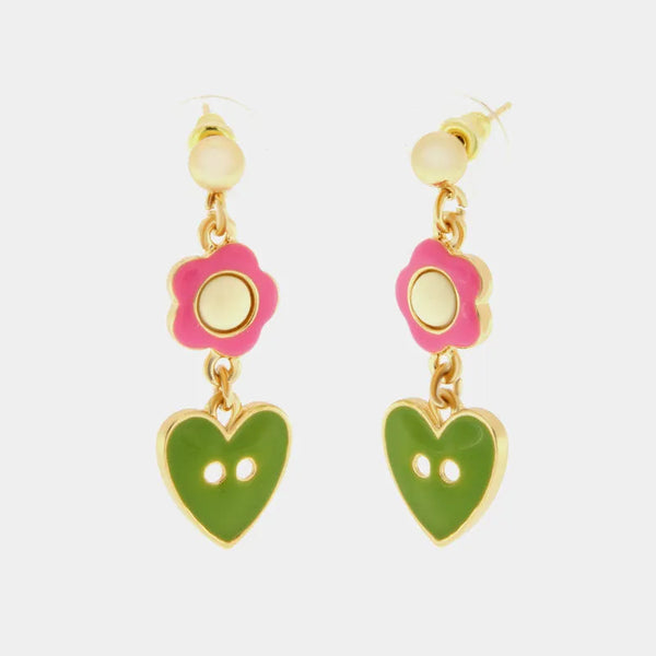 Orecchini in Metallo con fiore rosa e cuore verde