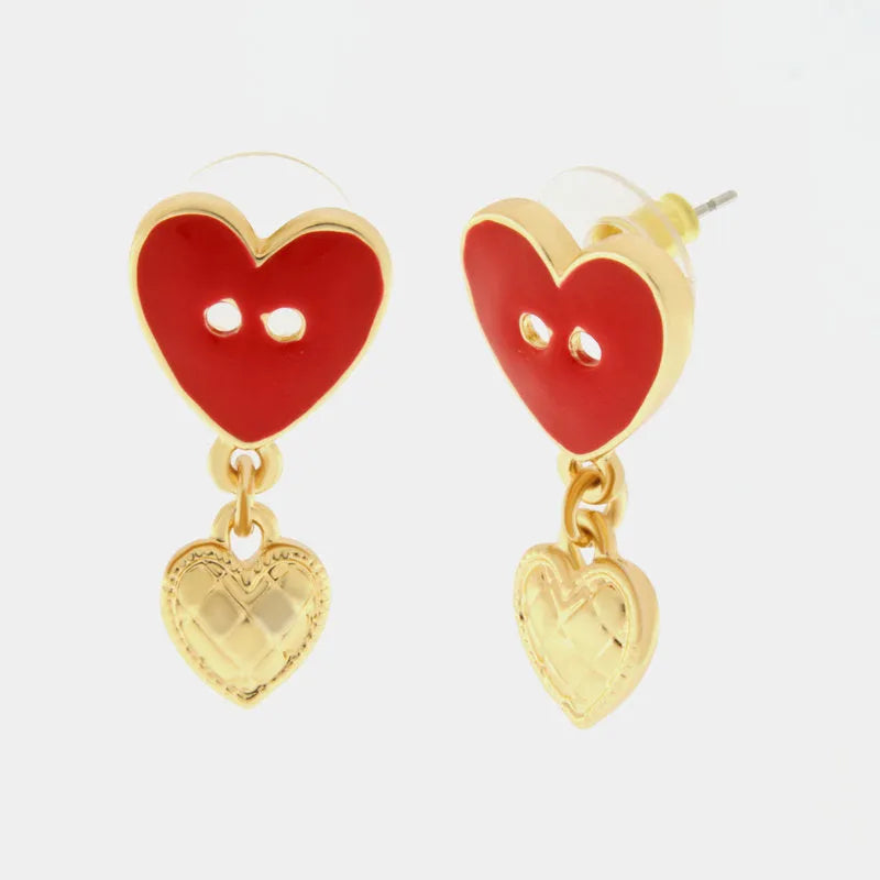 Orecchini in Metallo con cuore rosso a lobo e cuore pendente