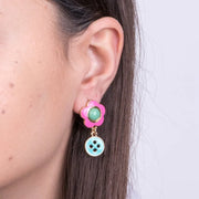 Orecchini in Metallo con fiore rosa e bottone turchese