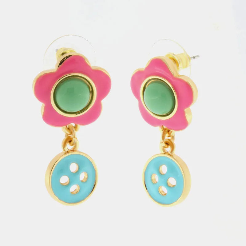 Orecchini in Metallo con fiore rosa e bottone turchese