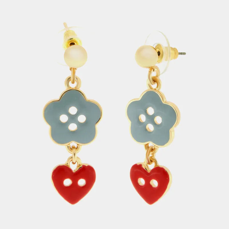 Orecchini in Metallo con fiore e cuore rosso