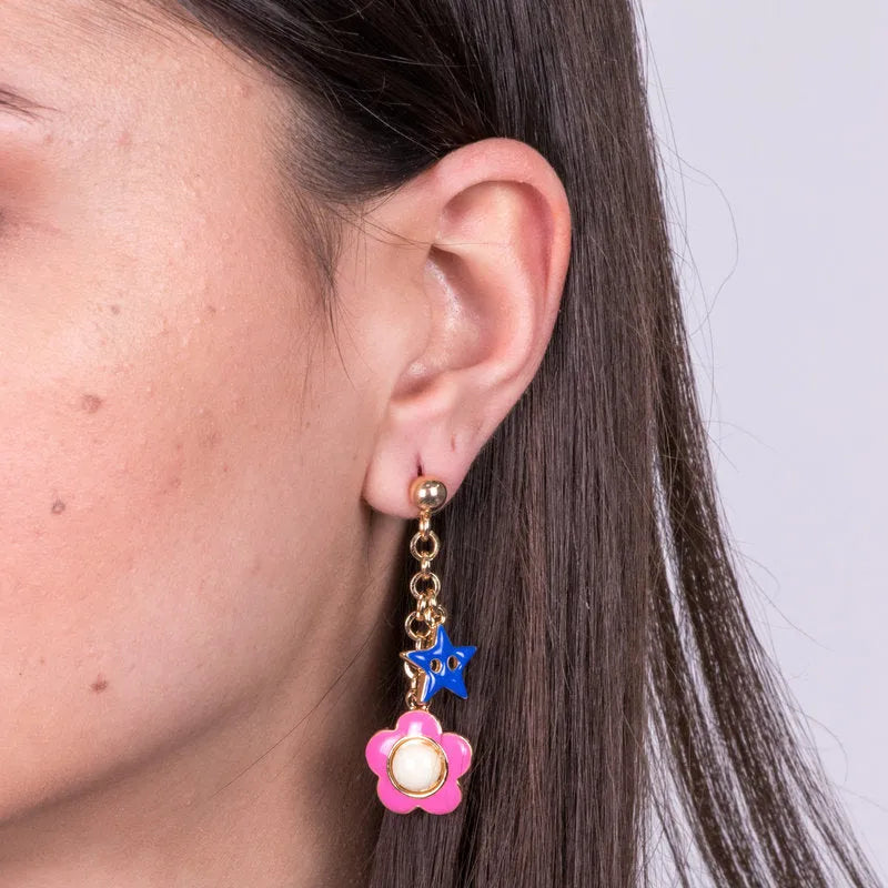 Orecchini in Metallo con fiore rosa e stella blu