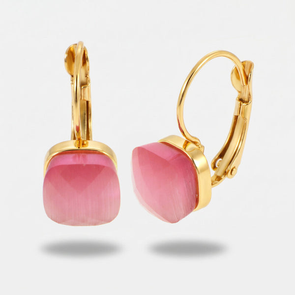 Orecchini in Metallo a cerchio con cristallo quadrato rosa - BYSIMON gioielli