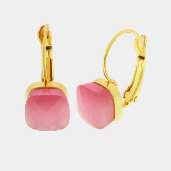 Orecchini in Metallo a cerchio con cristallo quadrato rosa - BYSIMON gioielli