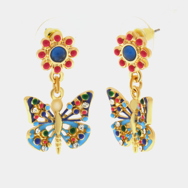 Metal earrings with blue butterfly and lobe flower