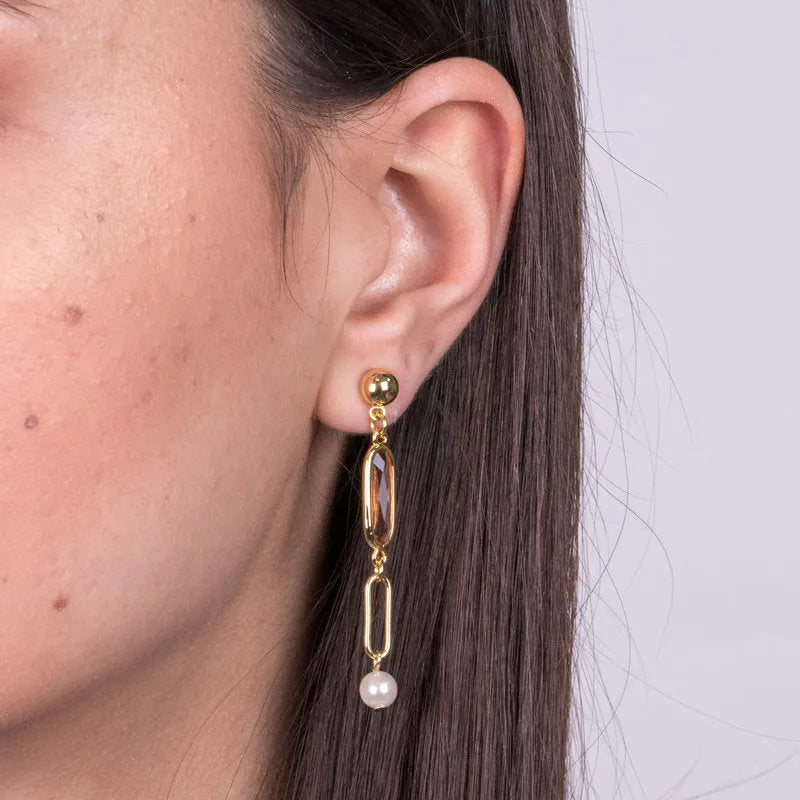Metal earrings with pink crystals and white pearl