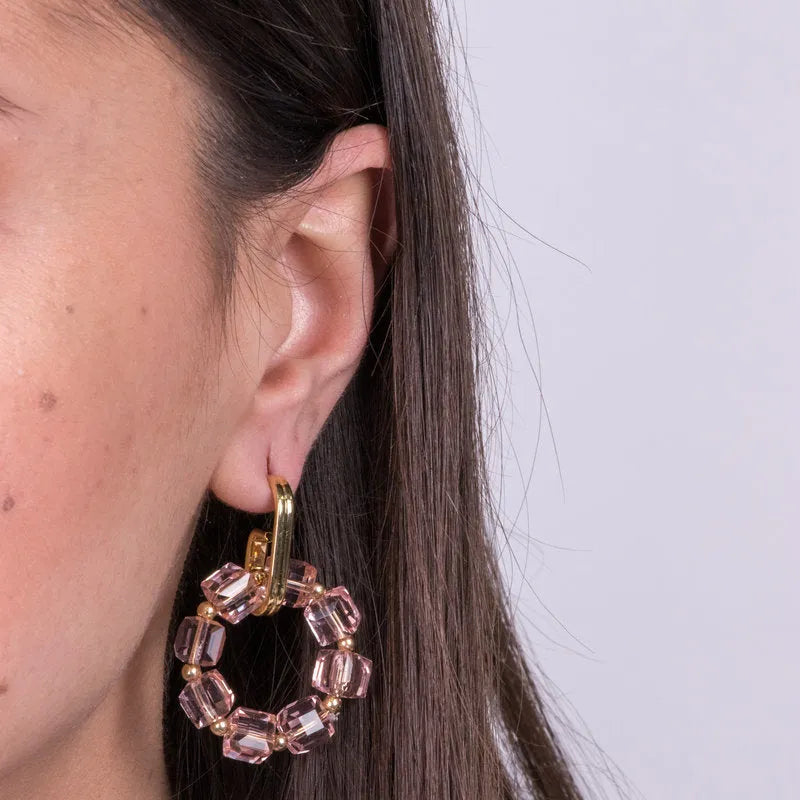 Metal Hoop Earrings with Pink Crystals