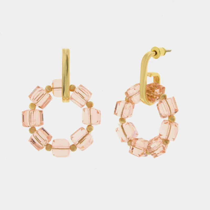 Metal Hoop Earrings with Pink Crystals