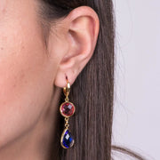 Orecchini in Metallo  a goccia blu e cristallo rosso