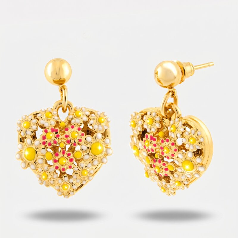 Orecchini in Metallo cuore impreziosito da fiori bianchi - BYSIMON gioielli