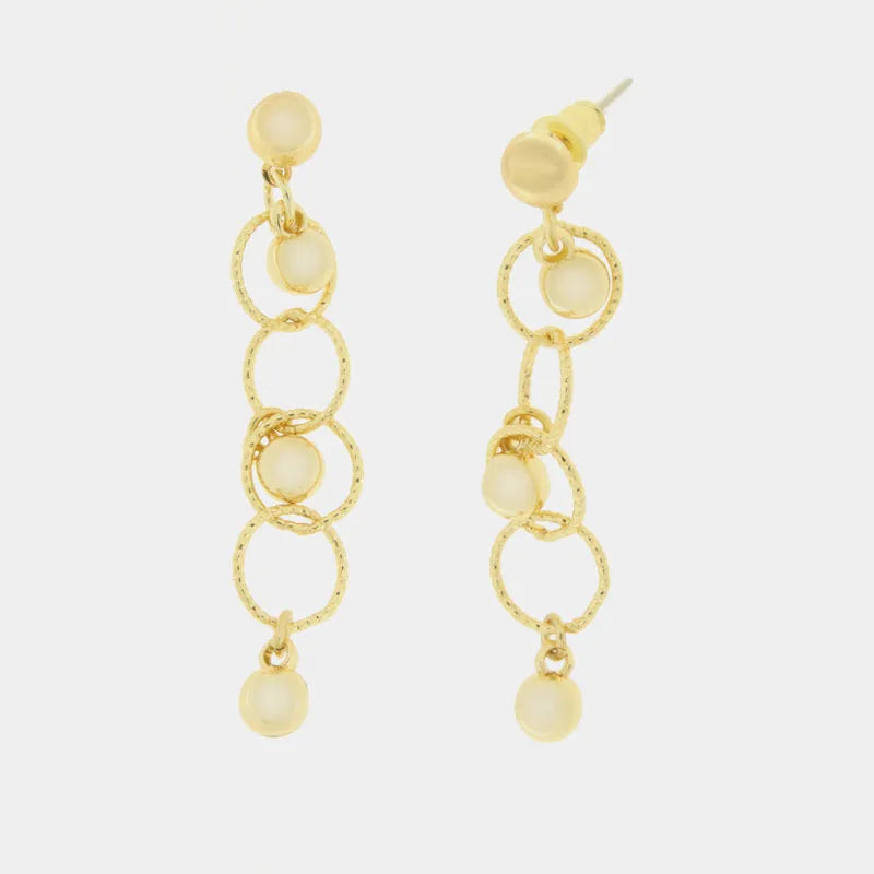 Metal earrings with circles and hanging pearls