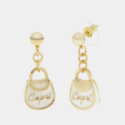Metal earrings with white bag written capri