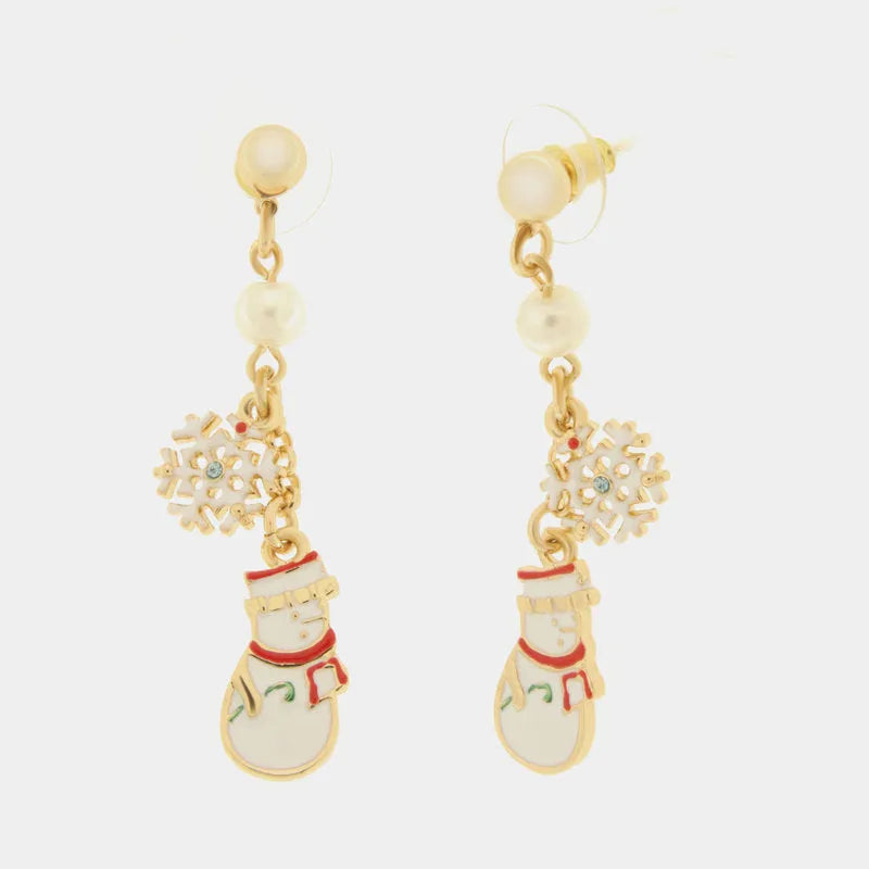 Snowman Pendant and Snowflake Metal Earrings