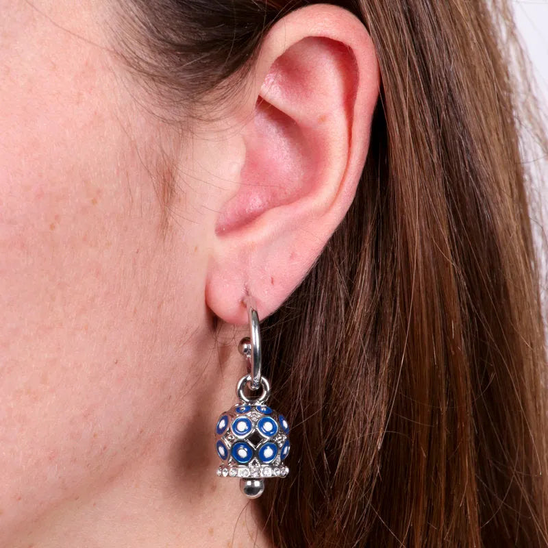 Metal earrings with blue polka dot bell and zirconia