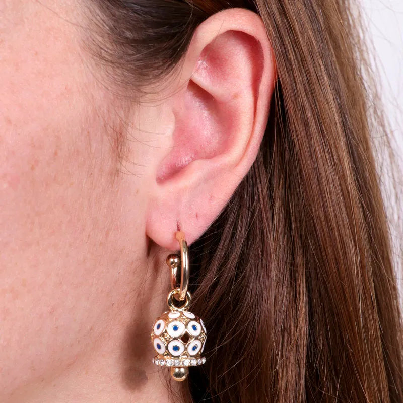 Metal earrings with white polka dot bell and zirconia