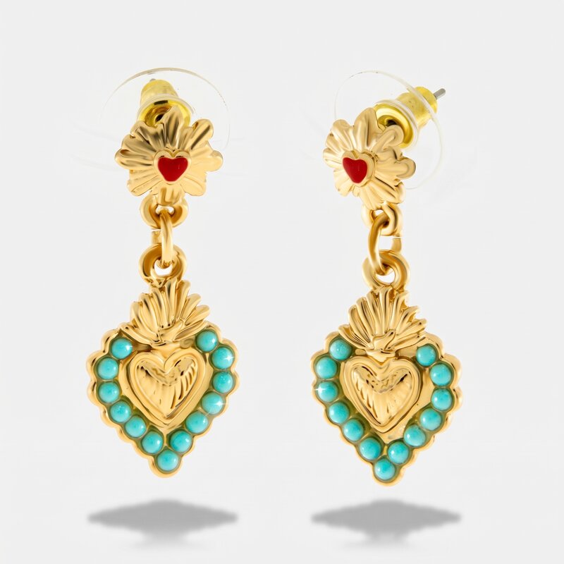 Orecchini in Metallo con cuore sacro pendente oro e contorno verde - BYSIMON gioielli