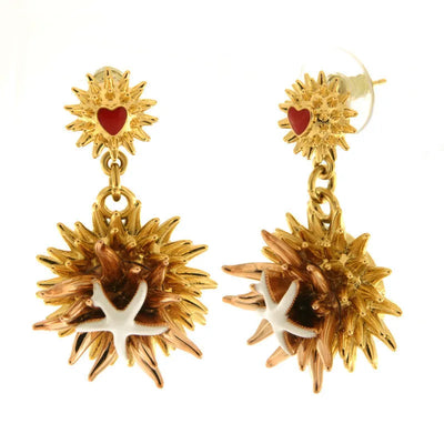 Metal earrings with gold-plated heart and sea urchin with white starfish