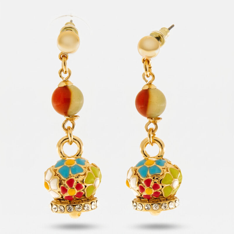 Orecchini in Metallo multifilo con campana a fiori multicolor e perla - BYSIMON gioielli