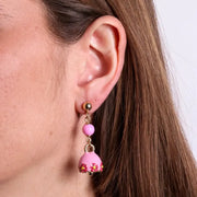 Orecchini in Metallo con campanella rosa e  fiori e perla