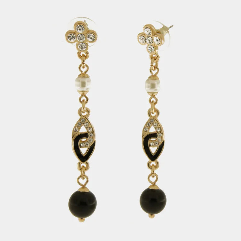 Metal earrings with dangling cross and black pearl
