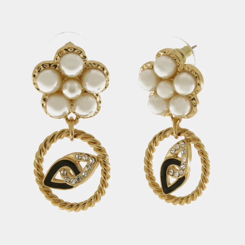 Metal earrings with pearl flower and round pendant