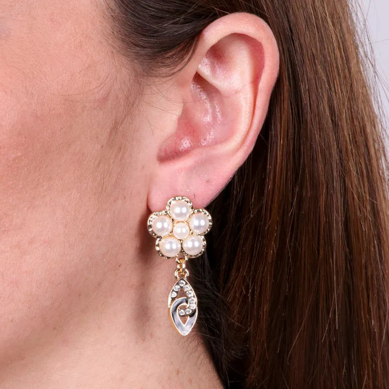 Metal earrings with pearl flower and pendant