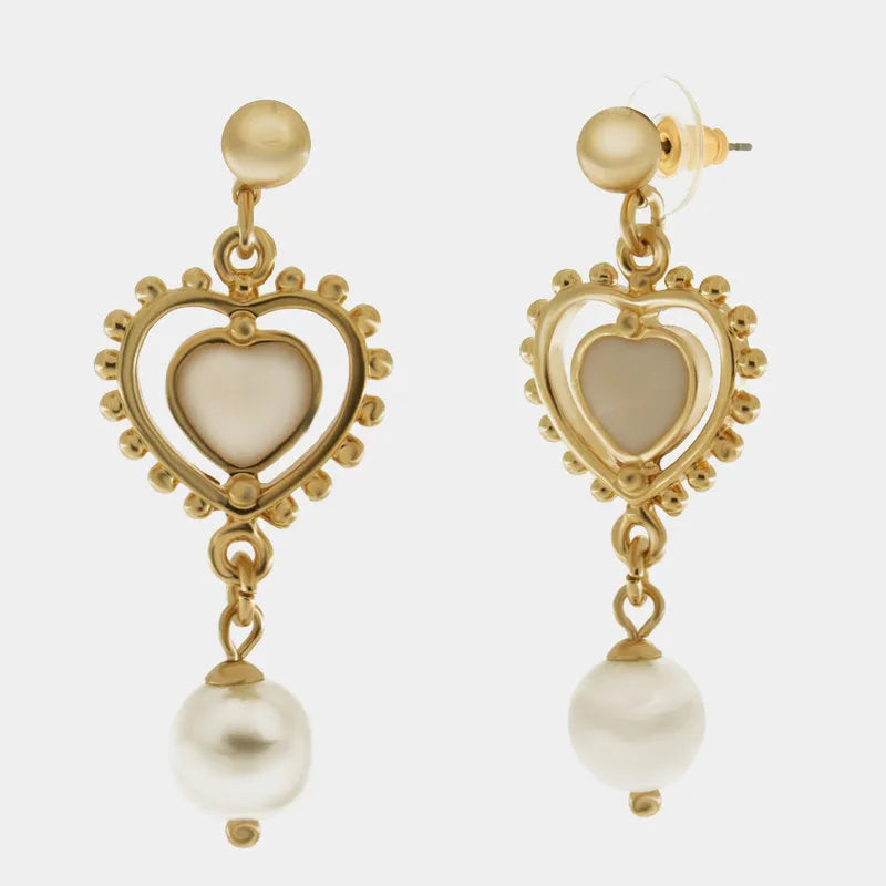 Orecchini in Metallo con cuore pendente e perla bianca placcato oro - BYSIMON gioielli