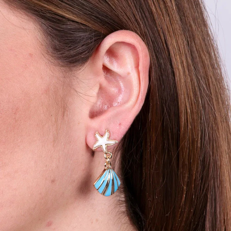 Metal earrings with turquoise shell and white starfish stud