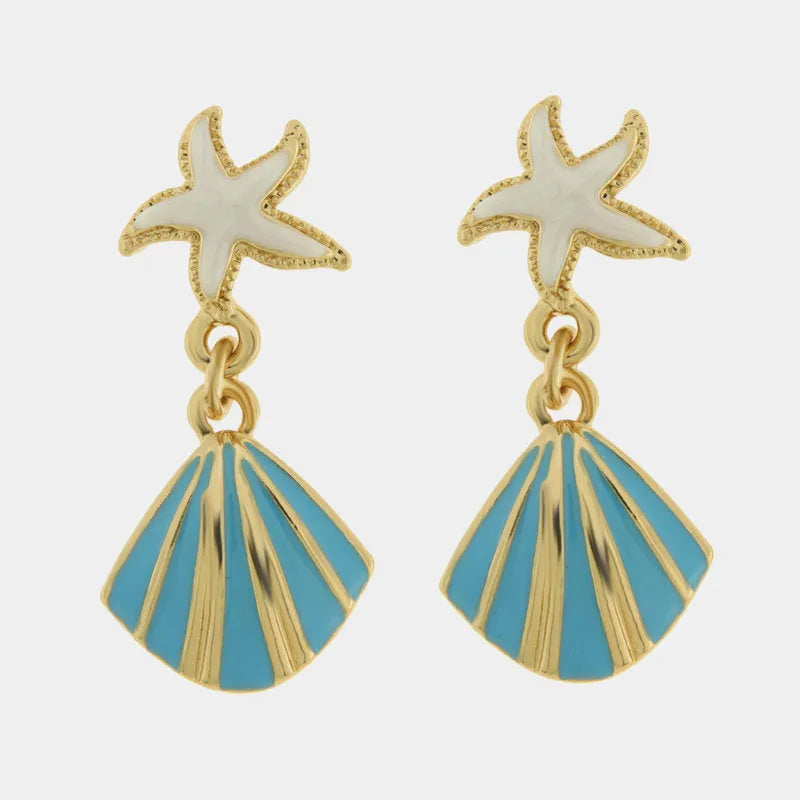 Metal earrings with turquoise shell and white starfish stud