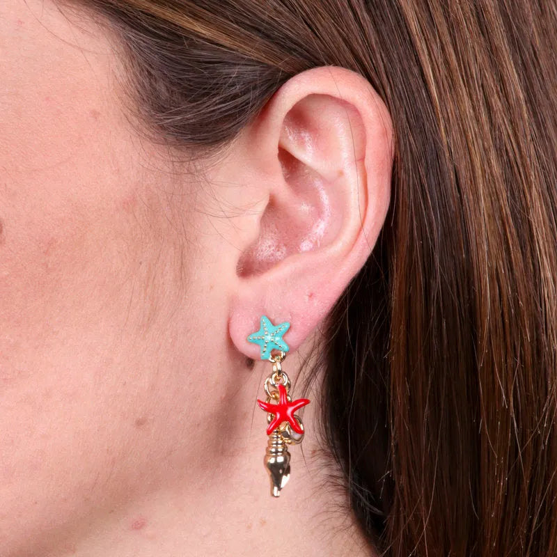 Metal earrings with shell and starfish