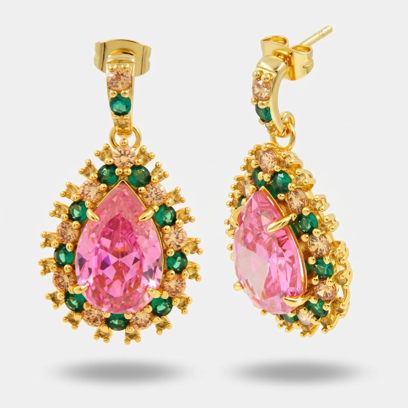 Orecchini in Metallo goccia rosa con zirconi verdi - BYSIMON gioielli