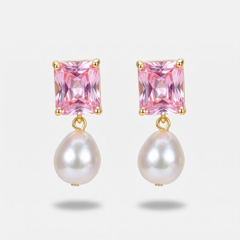 Orecchini in Metallo con perla pendente e cristalli rosa a lobo - BYSIMON gioielli