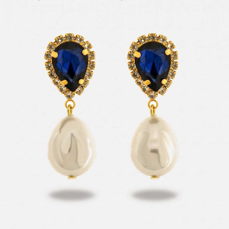 Orecchini in Metallo cristalli blu e perle - BYSIMON gioielli