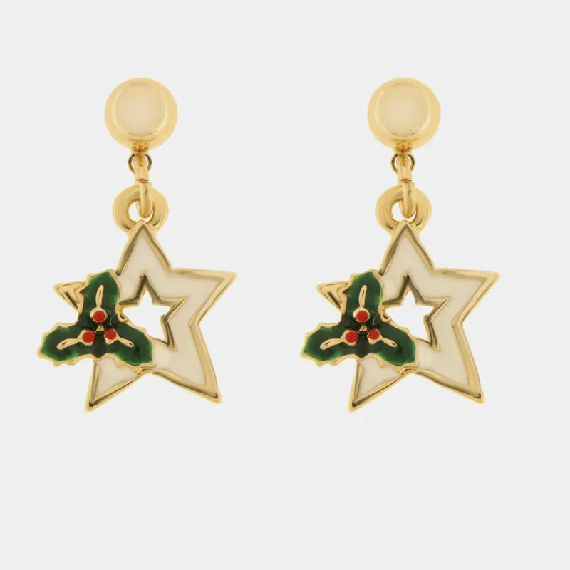 Metal earrings with white star and holly