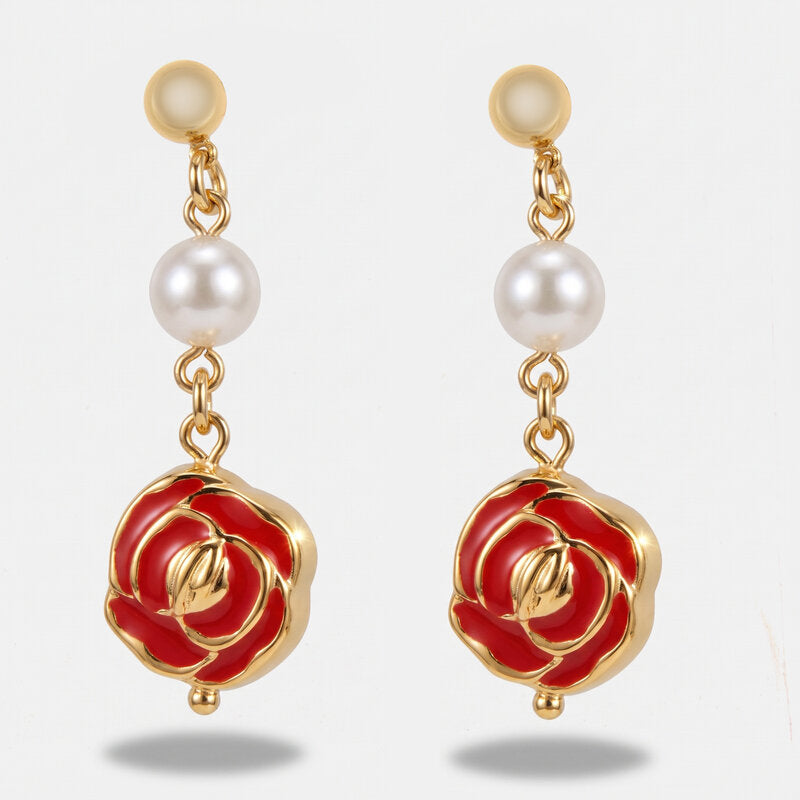 Orecchini in Metallo con perle e rose rosse pendenti CAPRI - gioiello BySimon