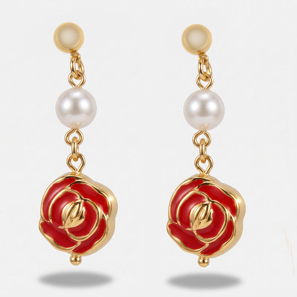 Orecchini in Metallo con perle e rose rosse pendenti CAPRI - gioiello BySimon