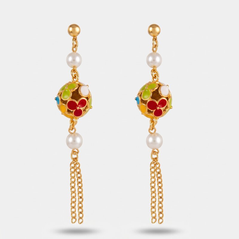 Orecchini in Metallo con sfere impreziosite da fiori colorati e perle - BYSIMON gioielli