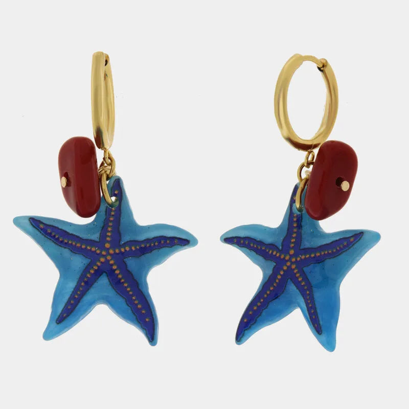 Orecchini in Metallo a forma di stella marina blu e pietre rosse BYS - gioiello BySimon