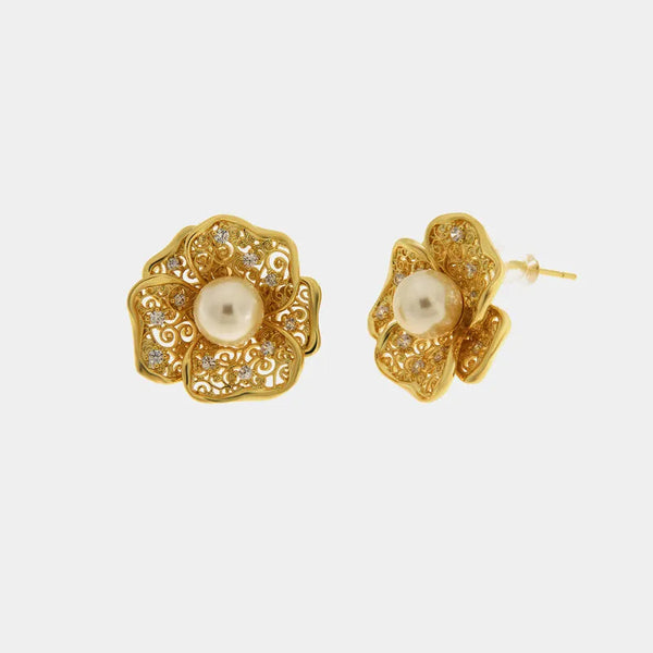 Orecchini in Metallo donna a forma di fiore con sfera satinata centrale e cristalli incastonati - BYSIMON gioielli