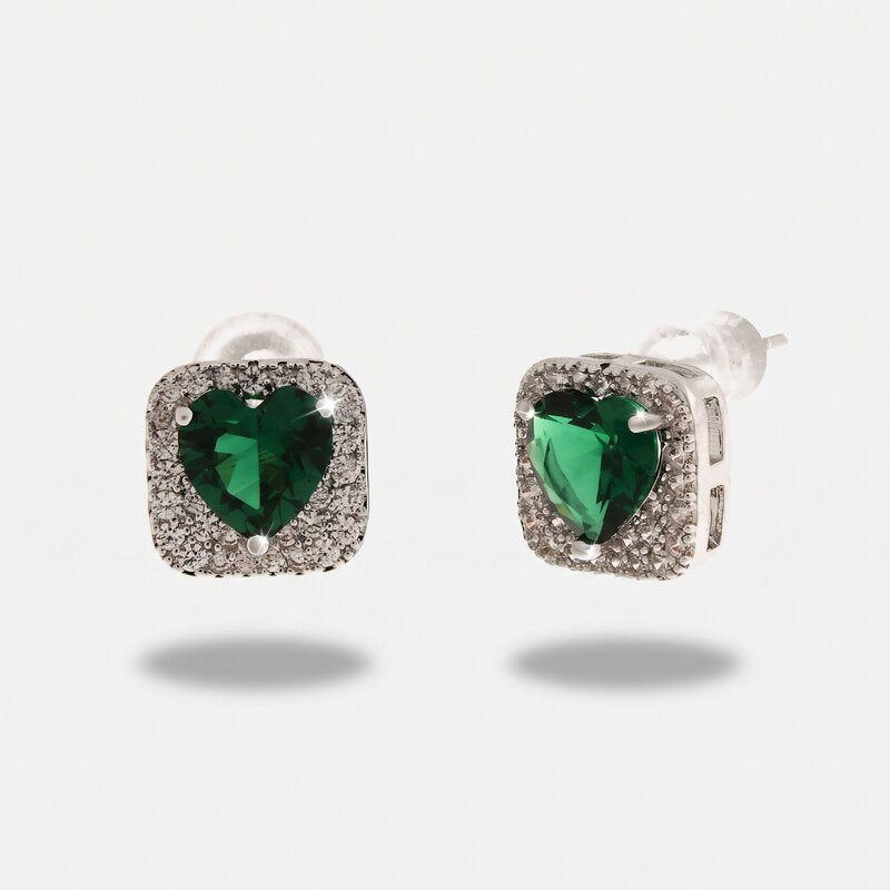 Orecchini in Metallo donna a lobo con cristalli luminosi e pietra centrale verde smeraldo a forma di cuore, - BYSIMON gioielli