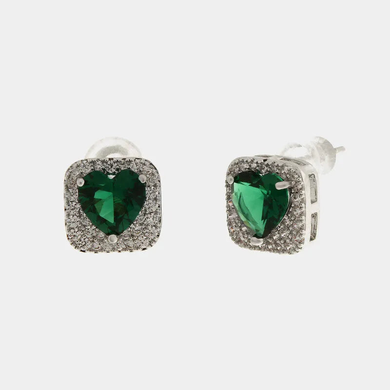 Orecchini in Metallo donna a lobo con cristalli luminosi e pietra centrale verde smeraldo a forma di cuore,
