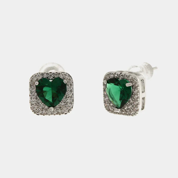 Orecchini in Metallo donna a lobo con cristalli luminosi e pietra centrale verde smeraldo a forma di cuore, - BYSIMON gioielli