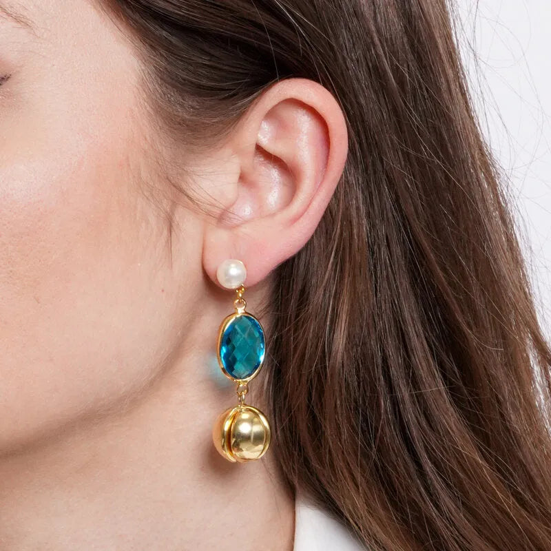 Orecchini in Metallo cristallo azzurro con sfera - BYSIMON gioielli