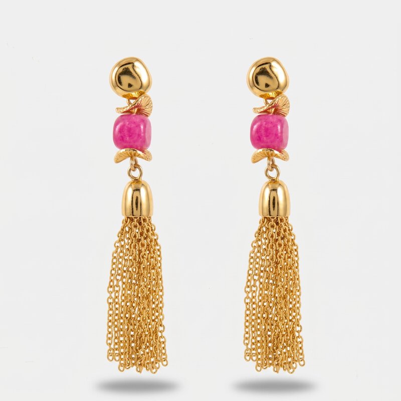 Orecchini in Metallo pendente con pietra rosa - BYSIMON gioielli