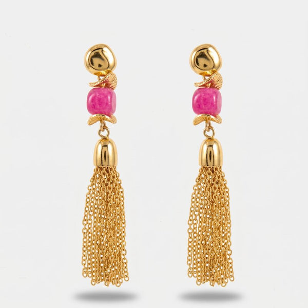 Orecchini in Metallo pendente con pietra rosa - BYSIMON gioielli