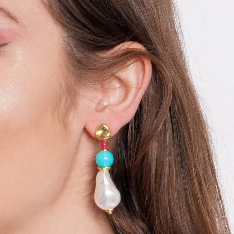 Irregular Pearl Metal Earrings with Turquoise Stone
