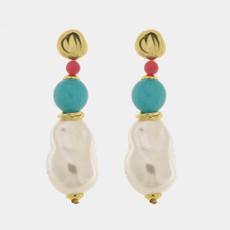 Irregular Pearl Metal Earrings with Turquoise Stone