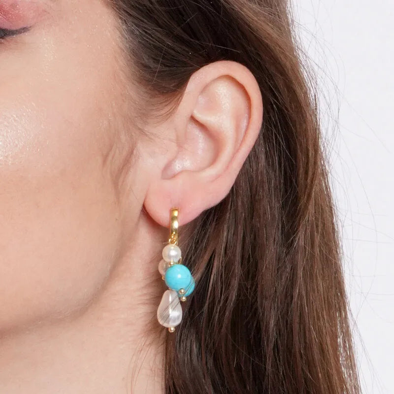 Metal irregular pearl earrings with turquoise stones