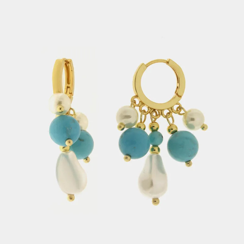Metal irregular pearl earrings with turquoise stones